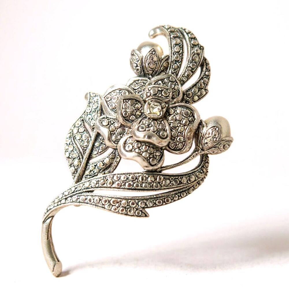 Kenneth Jay Lane Silver Floral Pave Crystal Brooch